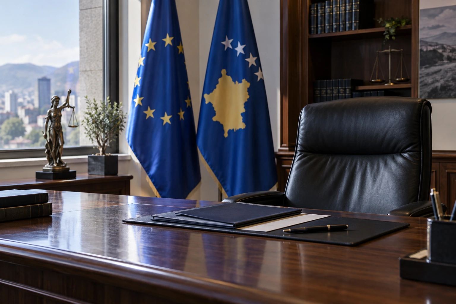 Εικονογράφηση AI: επίσημο γραφείο με δερμάτινη καρέκλα, φάκελο και σημαίες ΕΕ και Κοσόβου.