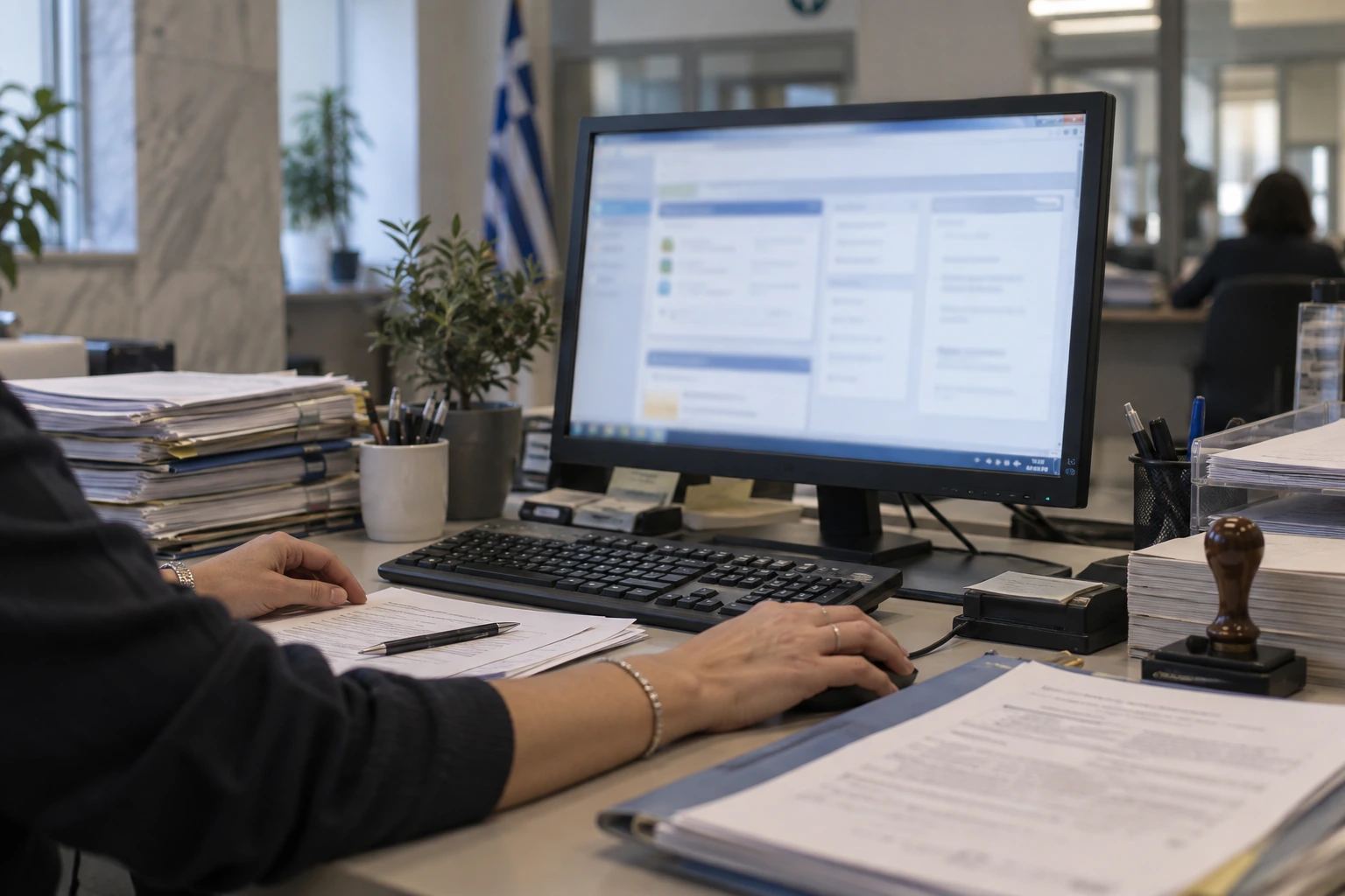 Εικονογράφηση AI: γραφείο δημόσιας υπηρεσίας με οθόνη, πληκτρολόγιο και χέρια εργαζομένου.
