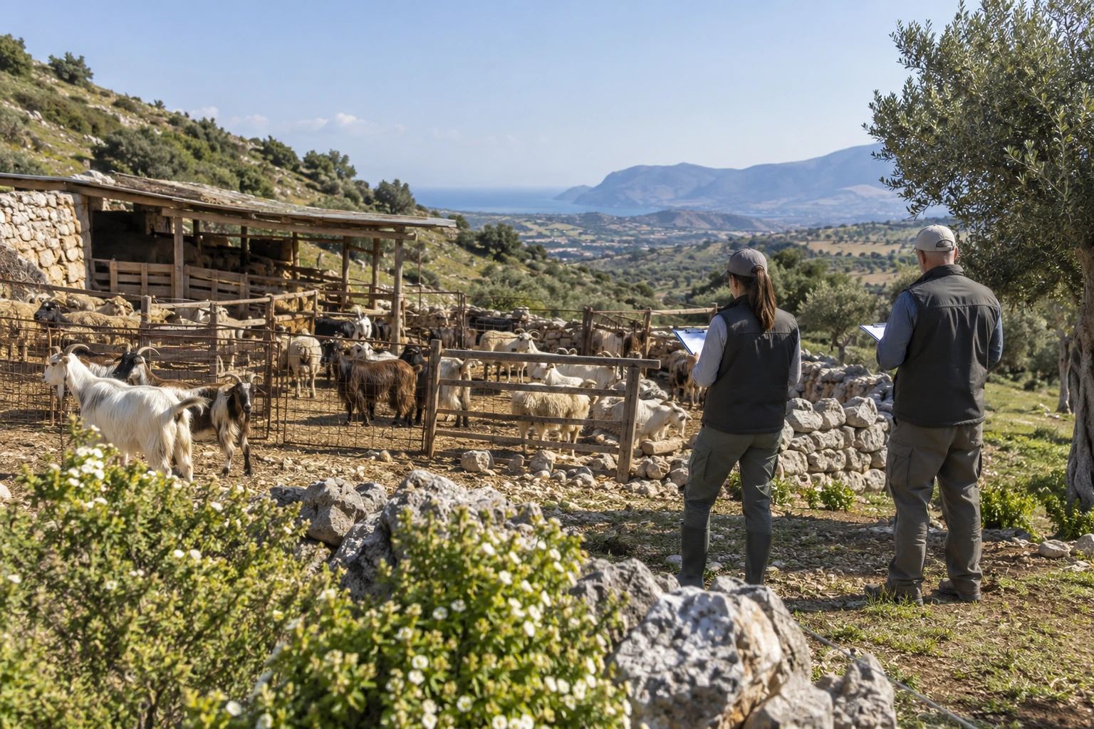 Εικονογράφηση AI: κατσίκια και πρόβατα σε μάντρα με δύο ελεγκτές που καταγράφουν στοιχεία.
