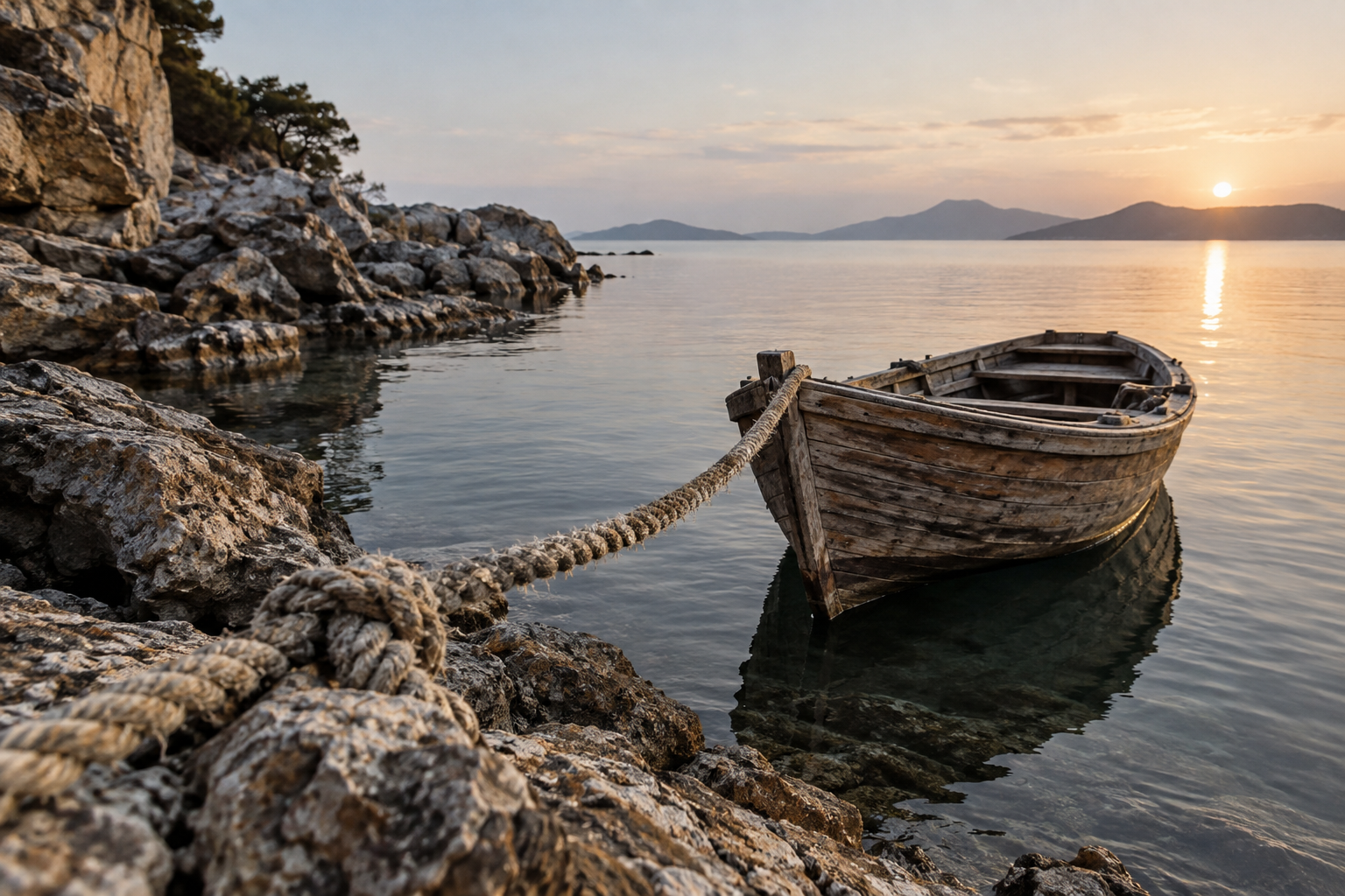 Θεματική εικόνα AI: απλή ξύλινη βάρκα δεμένη με σκοινί σε μη ταυτοποιημένη βραχώδη ακτή, για την Οδύσσεια.