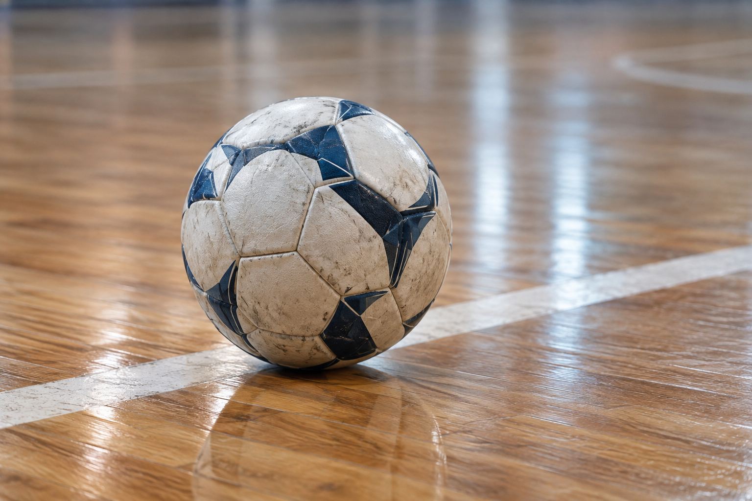 Εικονογράφηση AI με μπάλα futsal δίπλα σε λευκή γραμμή ξύλινου γηπέδου.