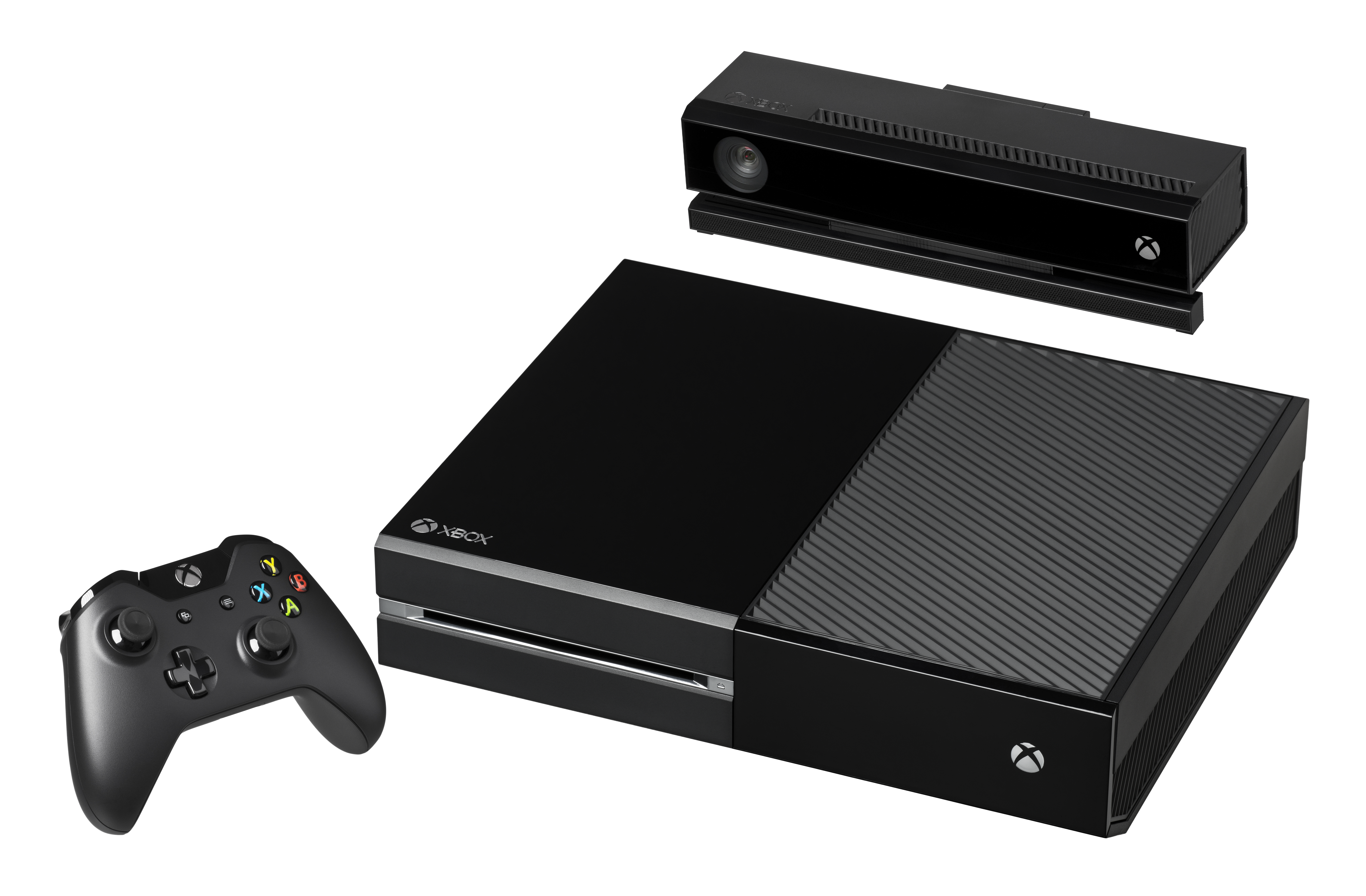 Μαύρη κονσόλα Xbox One, χειριστήριο και αισθητήρας Kinect σε λευκό φόντο· πραγματική φωτογραφία αρχείου του 2014, όχι εξοπλισμός Xbox Labs.